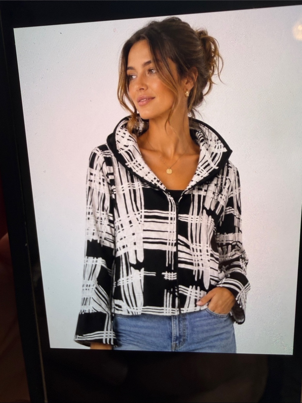Joseph Ribkoff Black and White Abstract Zip-Front Jacket